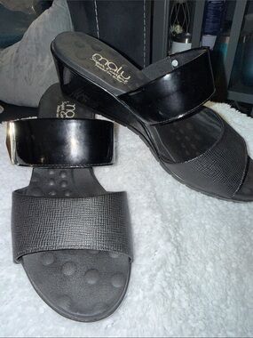 Malu Black Double-Strap Comfort Slide Sandals wedding guest business casual sz 8